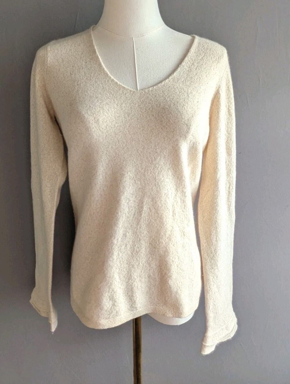 Ann Taylor Cashmere Sweater S Ivory Metallic Shimmer Knit Top Holiday V Neck